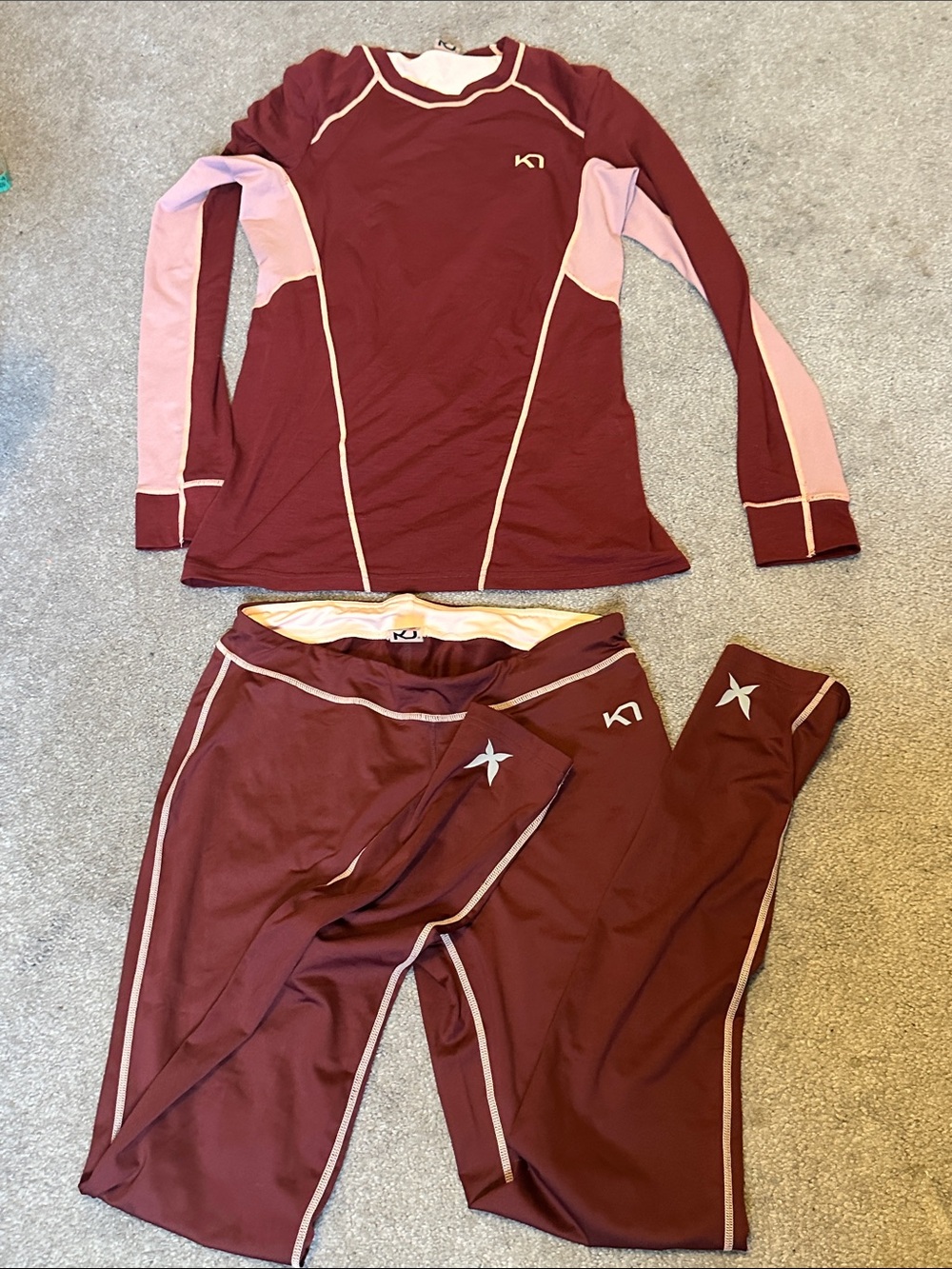 Kari Traa Maroon and Light Pink Thermal Baselayer Set Top M Pant L NWOT
